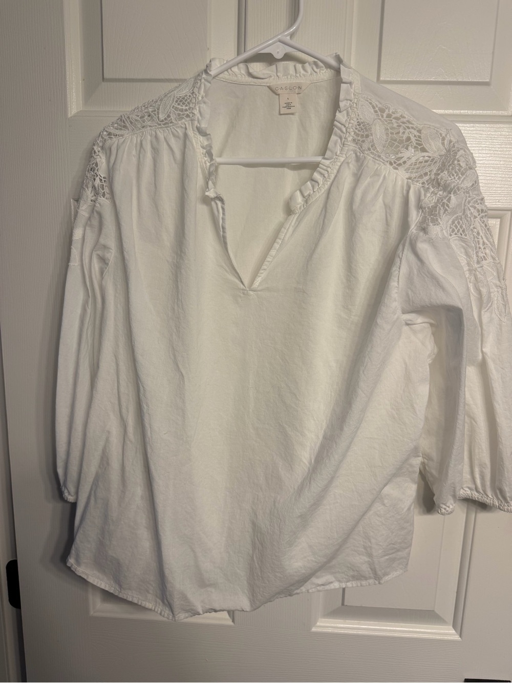 Caslon White Lace-Trim V-Neck Peasant Blouse